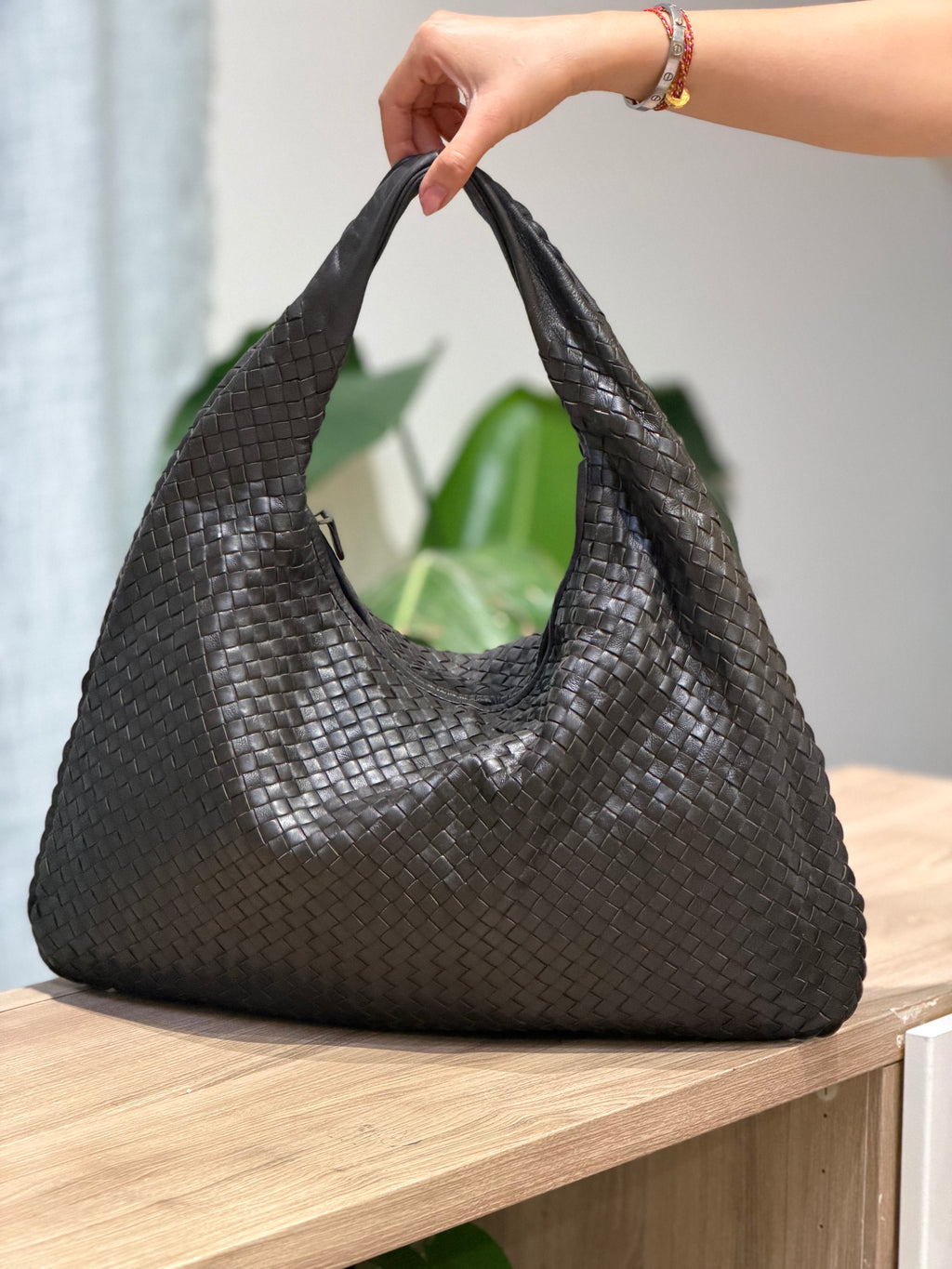 Bottega  Black Woven Leather Hobo Bag