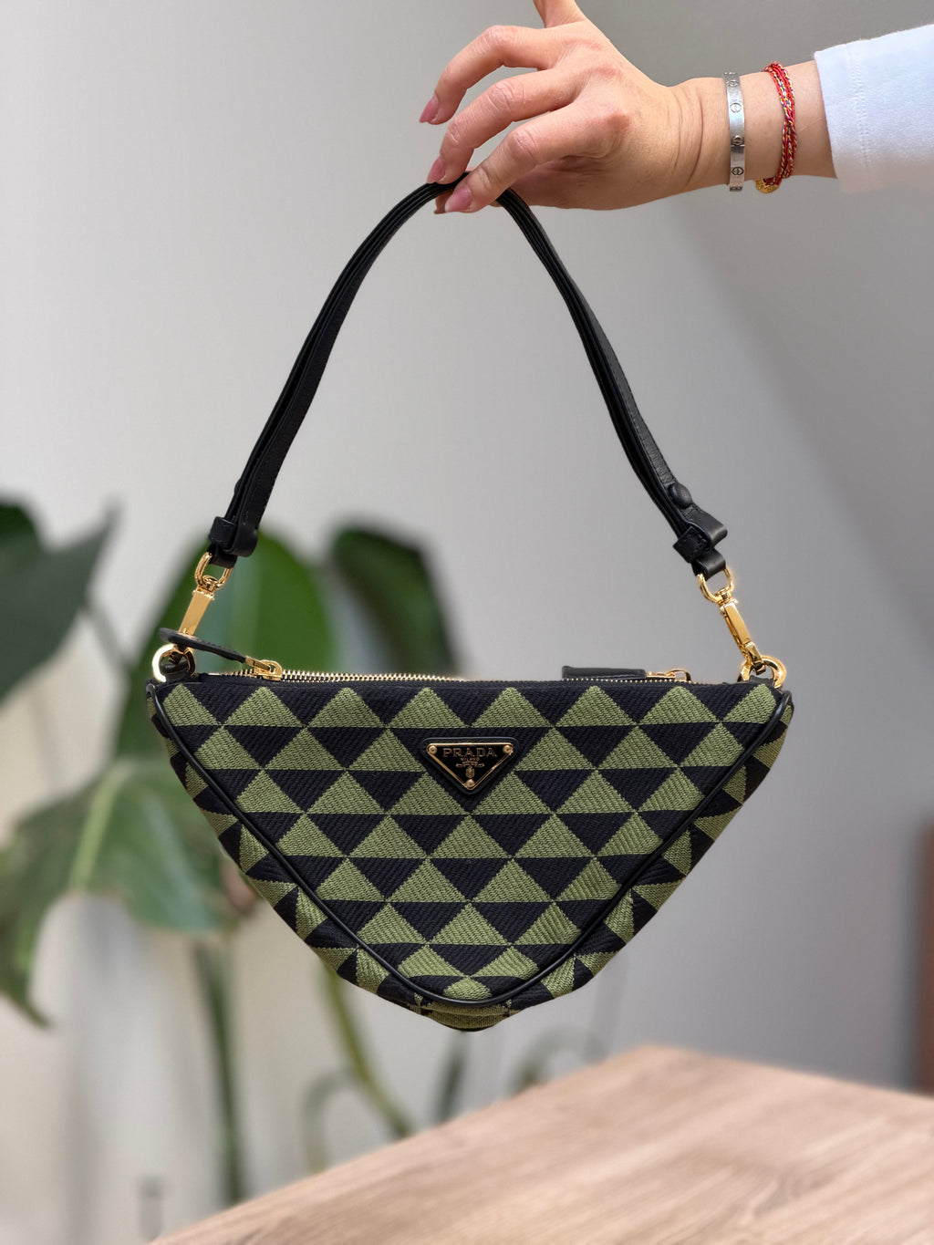 Prada Triangle Shoulder Bag – Black & Green Geometric Print