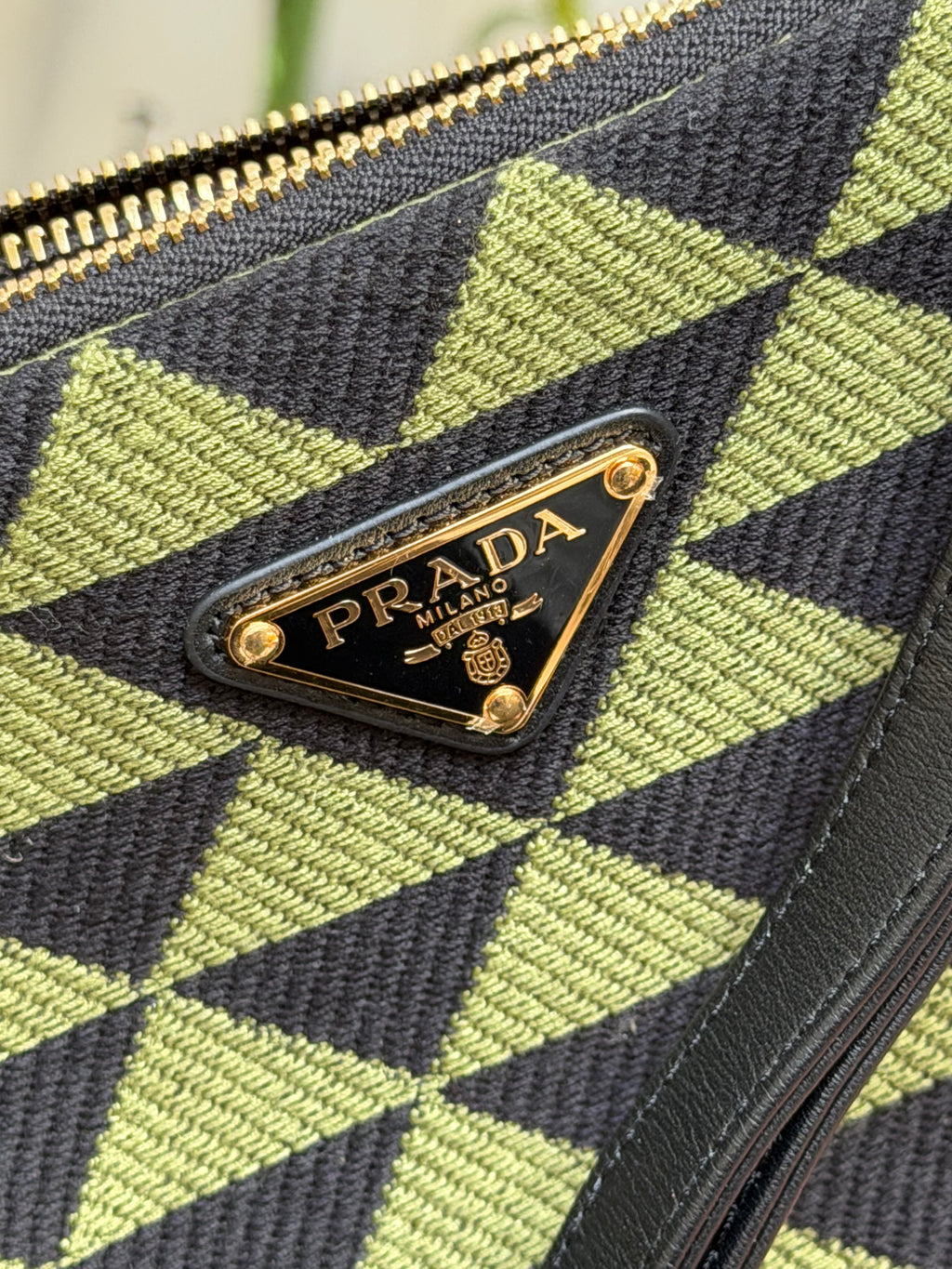Prada Triangle Shoulder Bag – Black & Green Geometric Print
