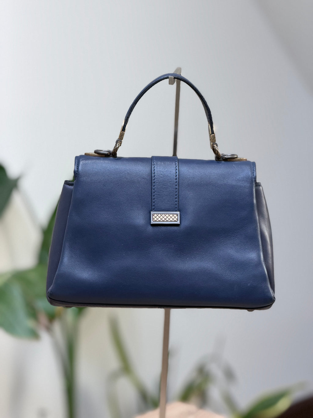 Bottega Blue Structured Top Handle Bag