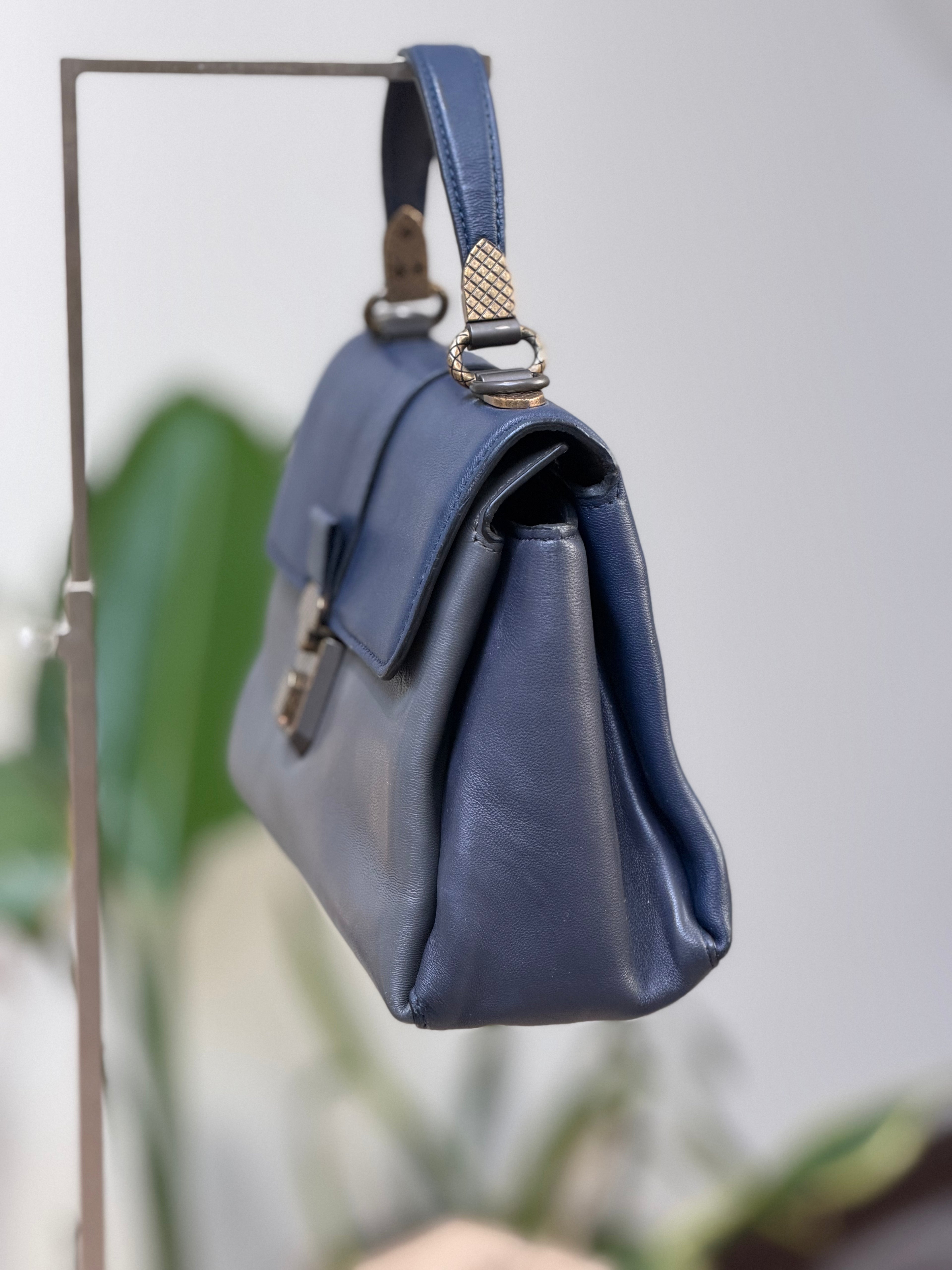 Bottega Blue Structured Top Handle Bag