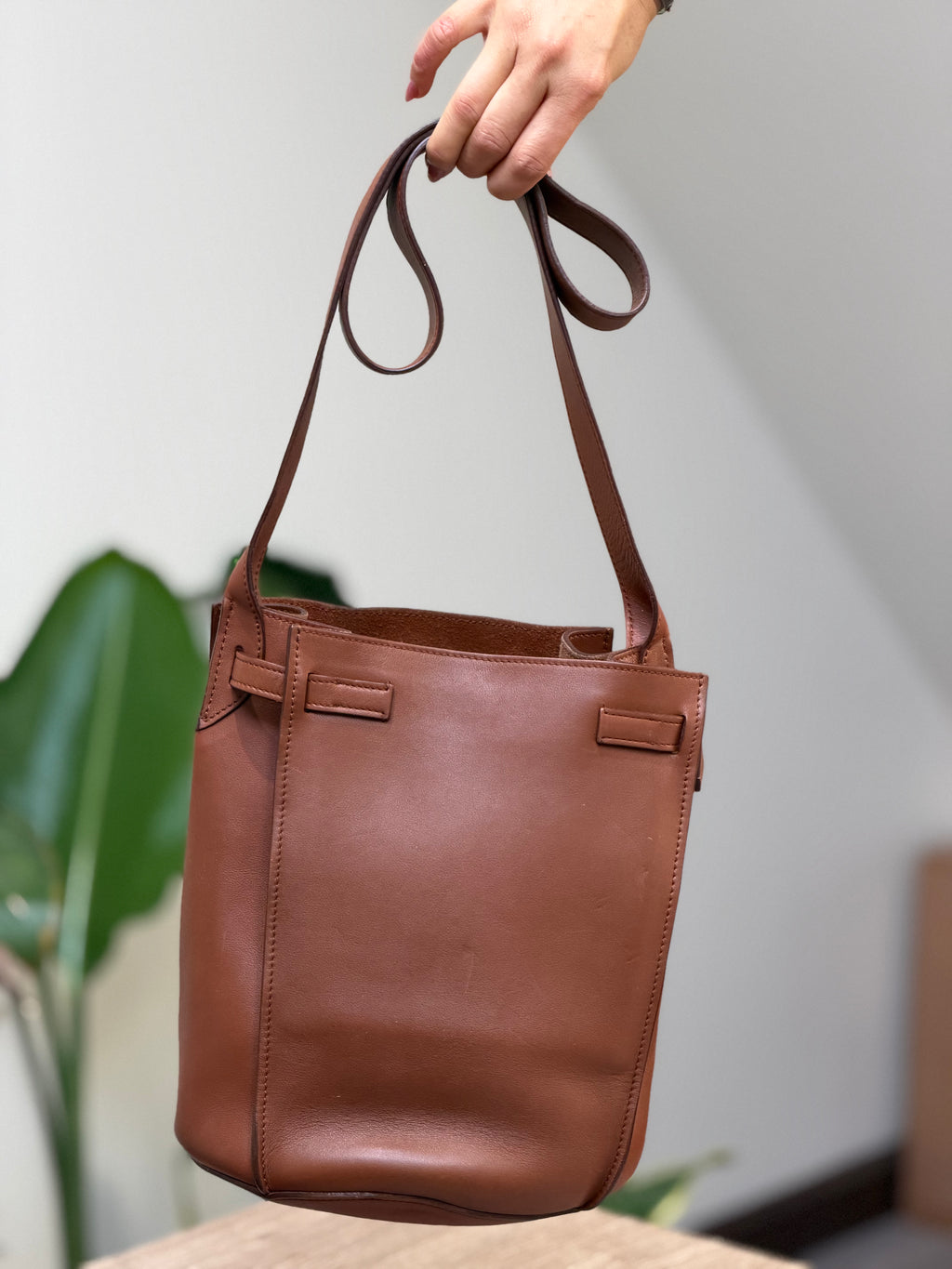 Brown Leather Bucket Shoulder Bag