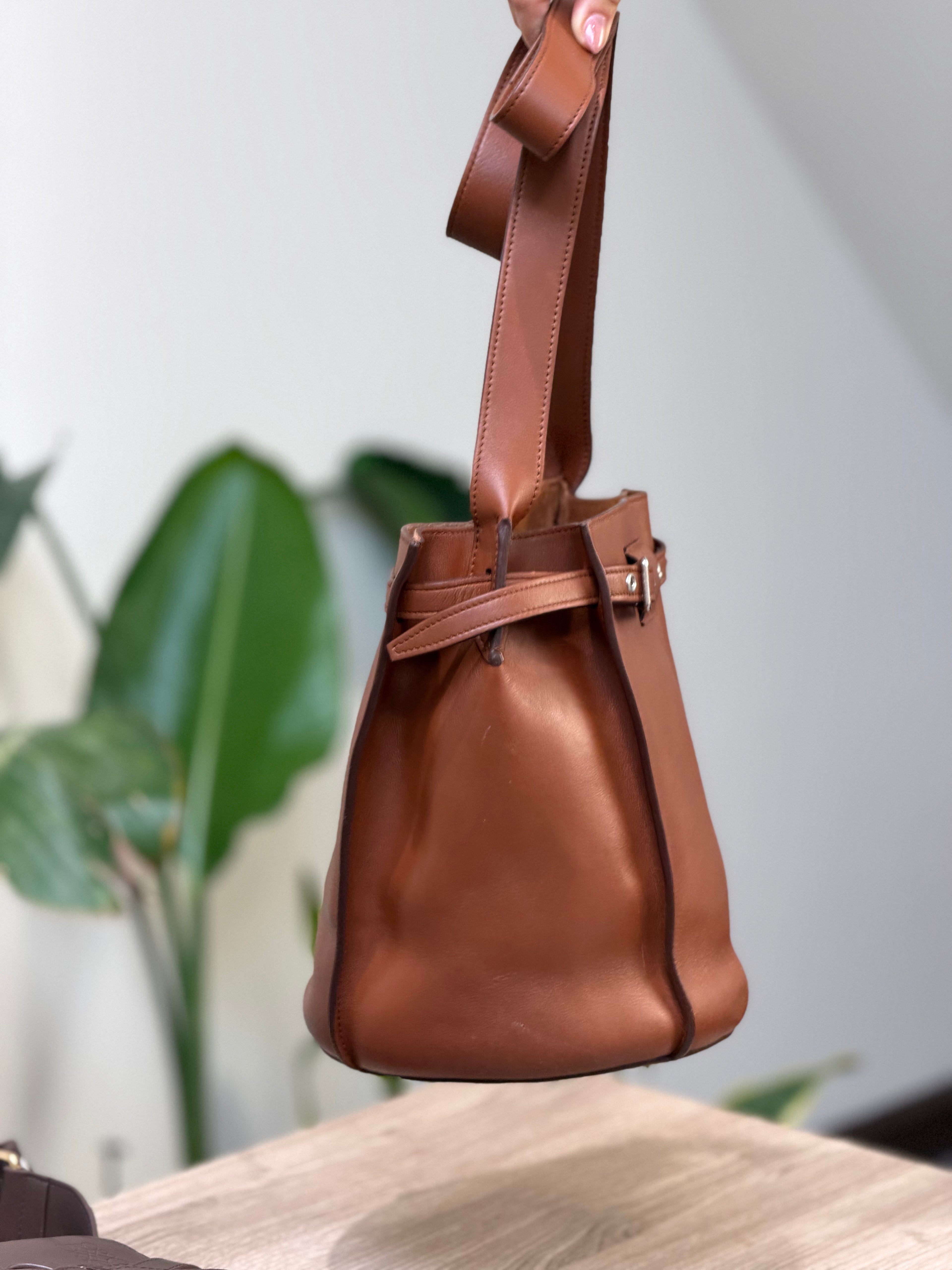 Brown Leather Bucket Shoulder Bag