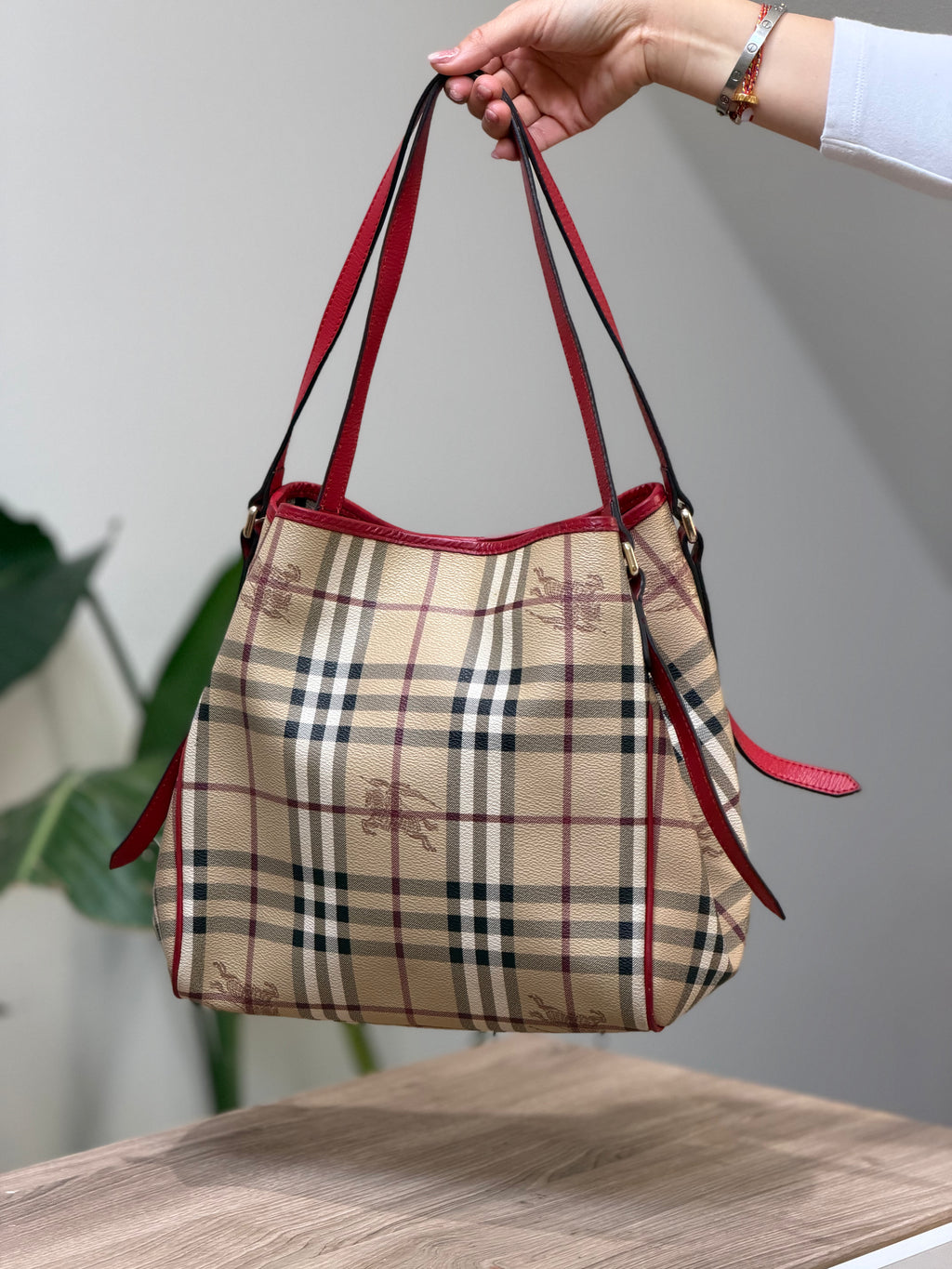 Burberry Nova Check Red Trim Shoulder Tote