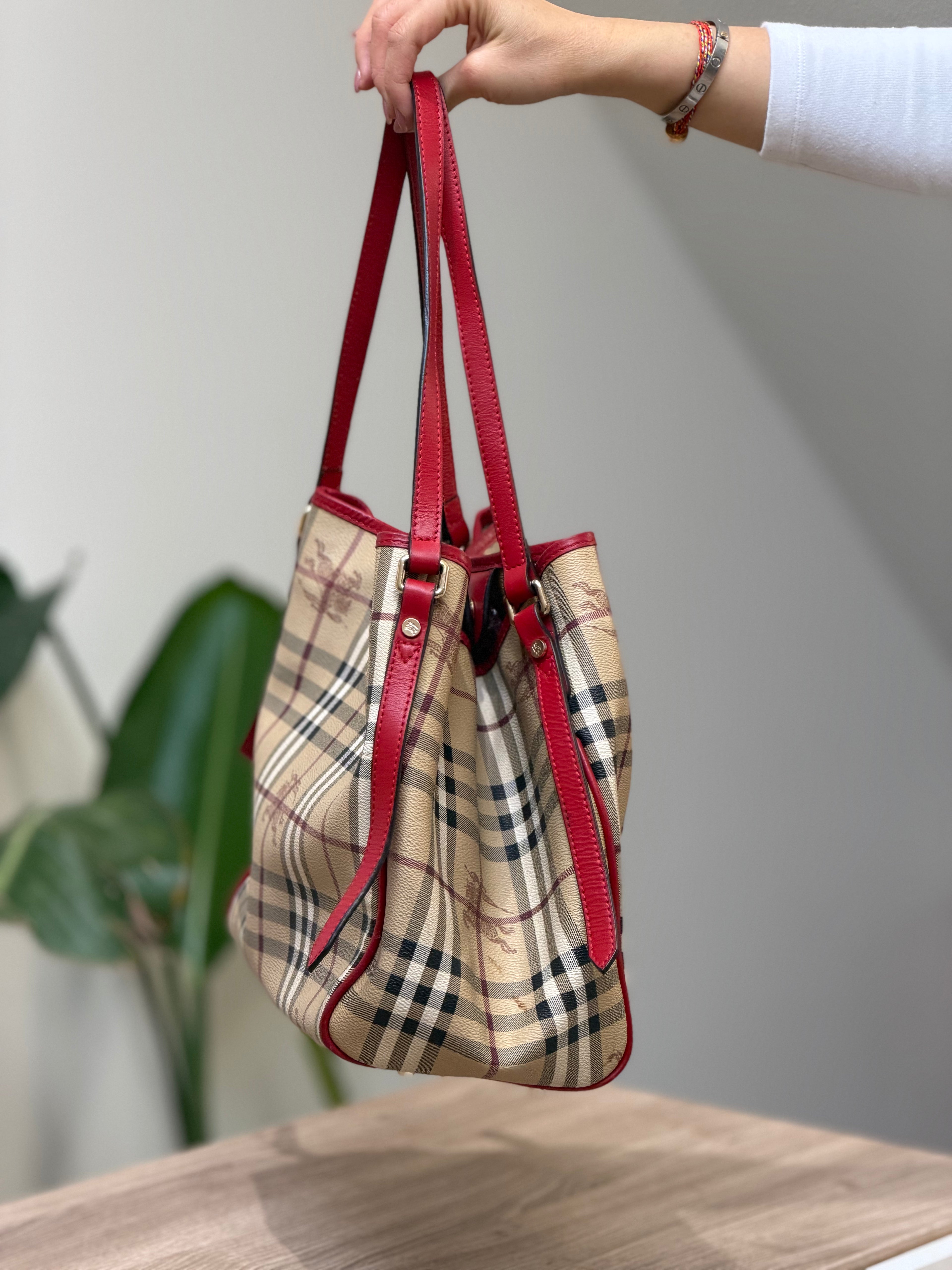 Burberry Nova Check Red Trim Shoulder Tote