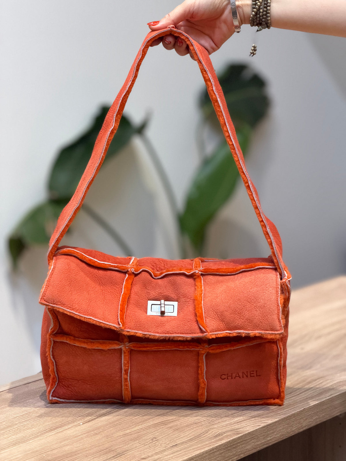 Chanel Orange Suede Patchwork Shoulder Bag