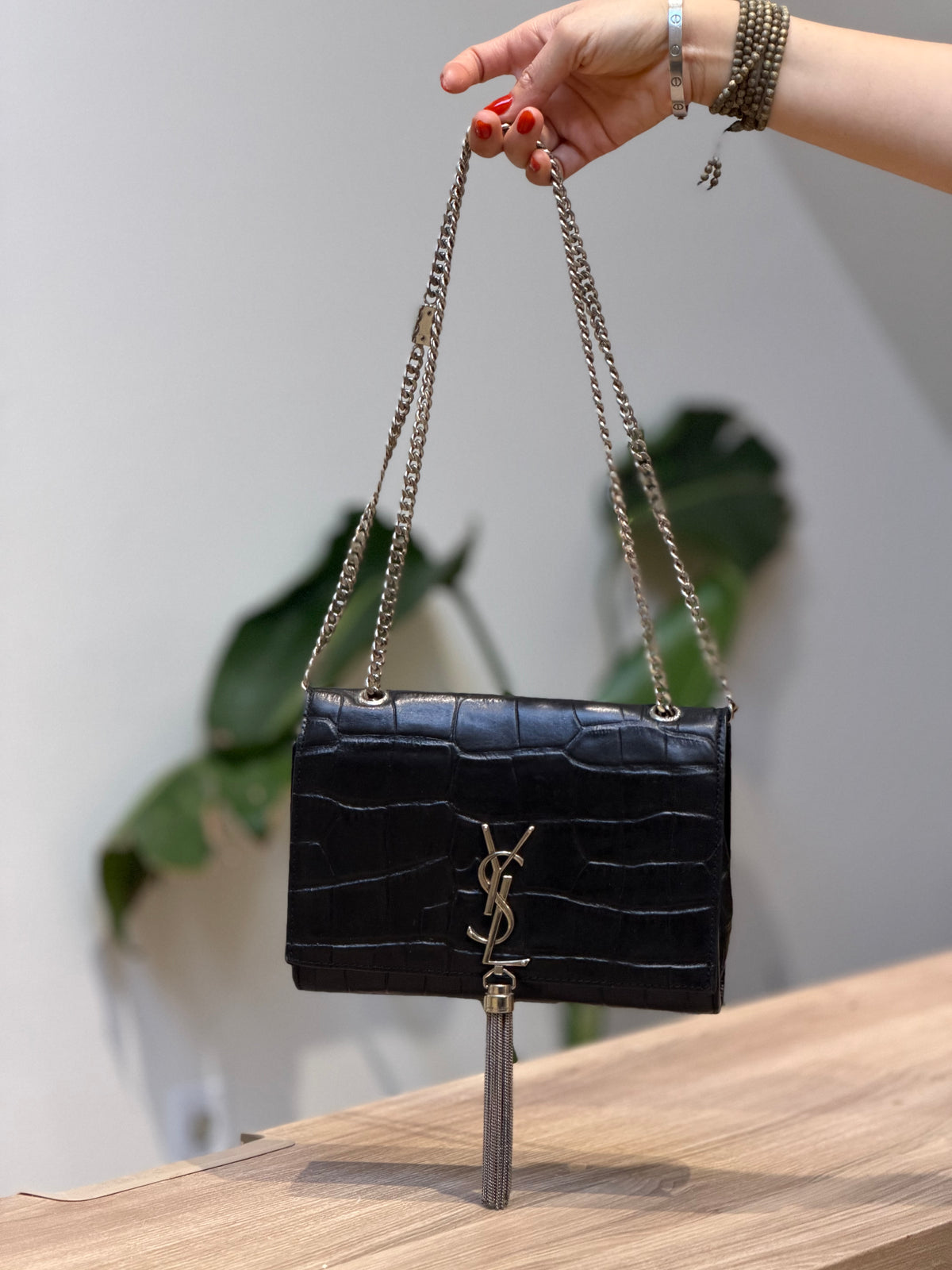 YSL Black Croc-Embossed Chain Shoulder Bag with Tassel