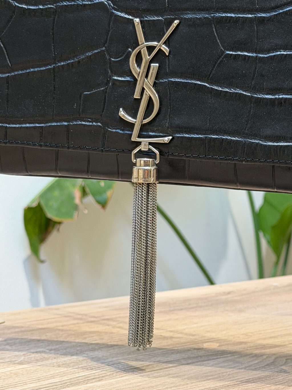 YSL Black Croc-Embossed Chain Shoulder Bag with Tassel