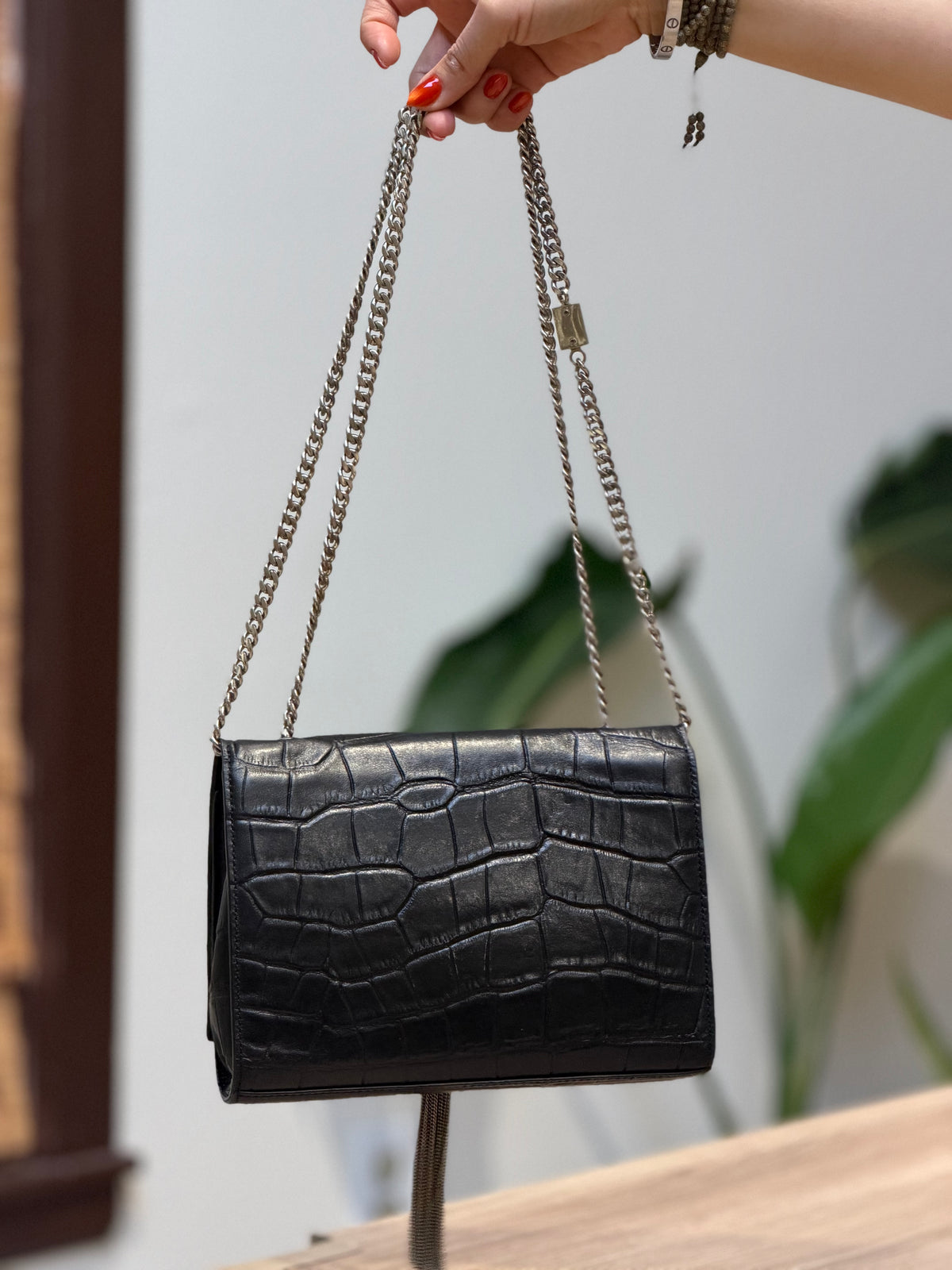 YSL Black Croc-Embossed Chain Shoulder Bag with Tassel