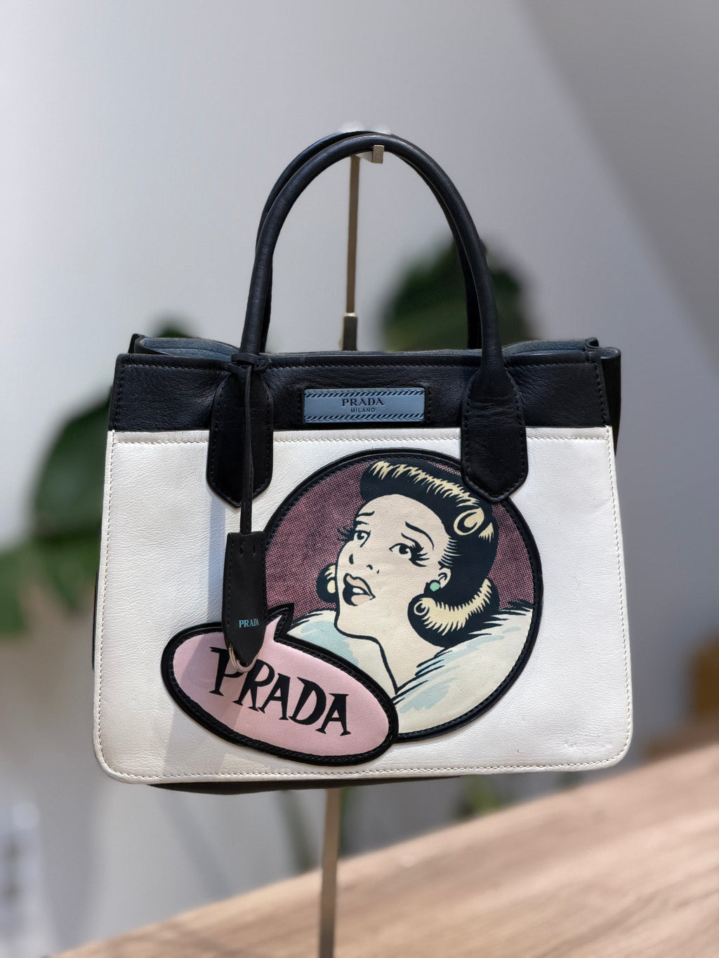 Prada Cream & Black Illustrated Top Handle Tote