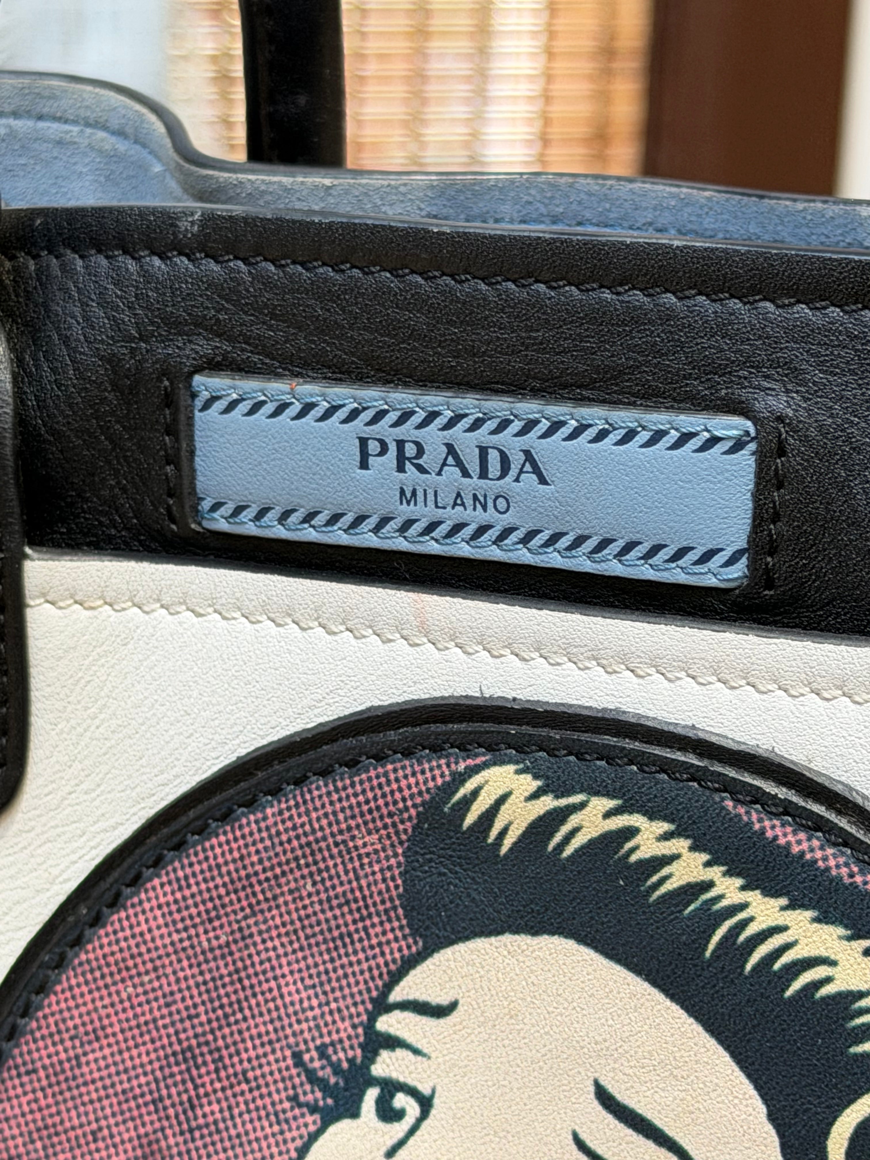 Prada Cream & Black Illustrated Top Handle Tote