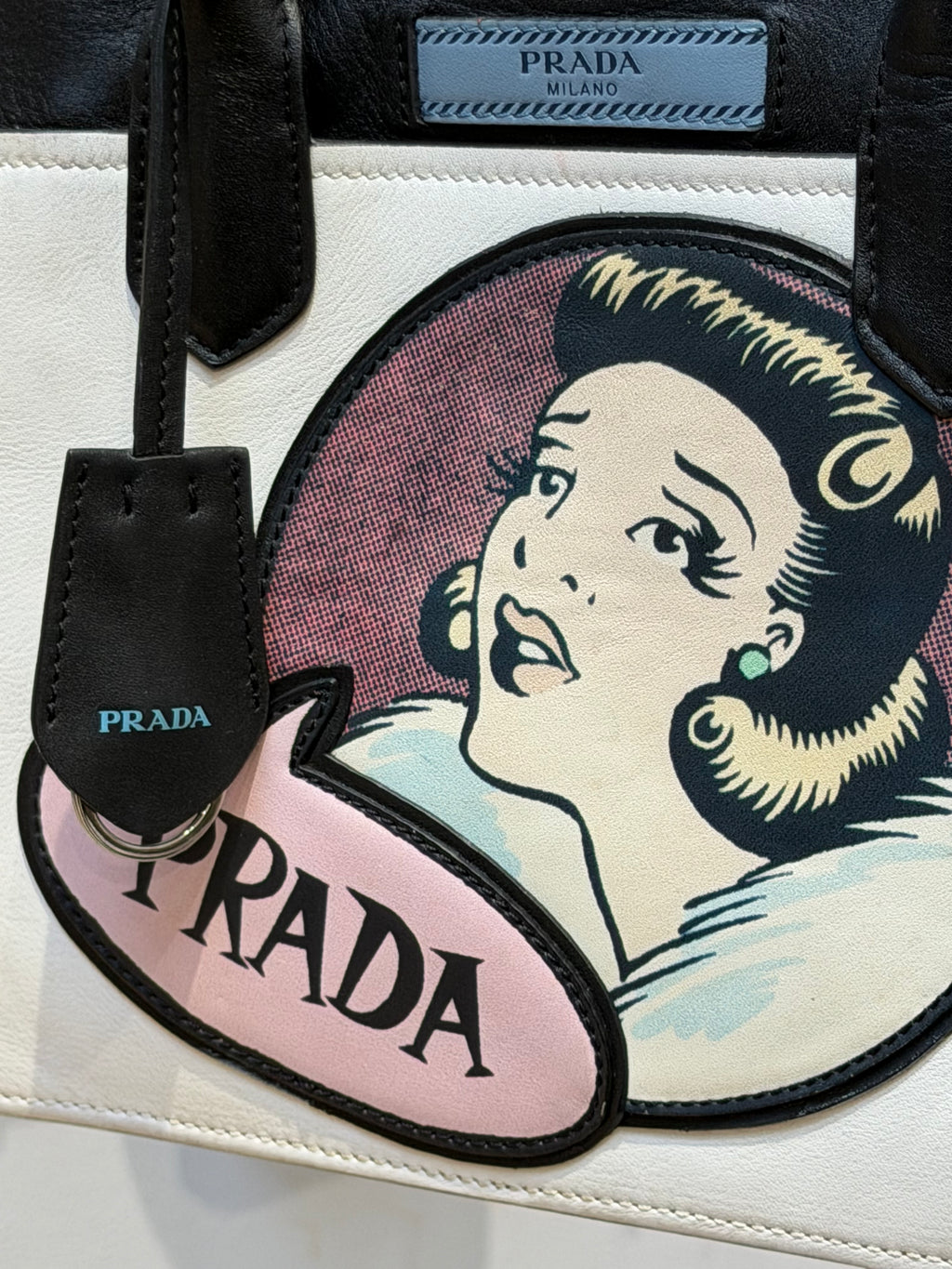 Prada Cream & Black Illustrated Top Handle Tote