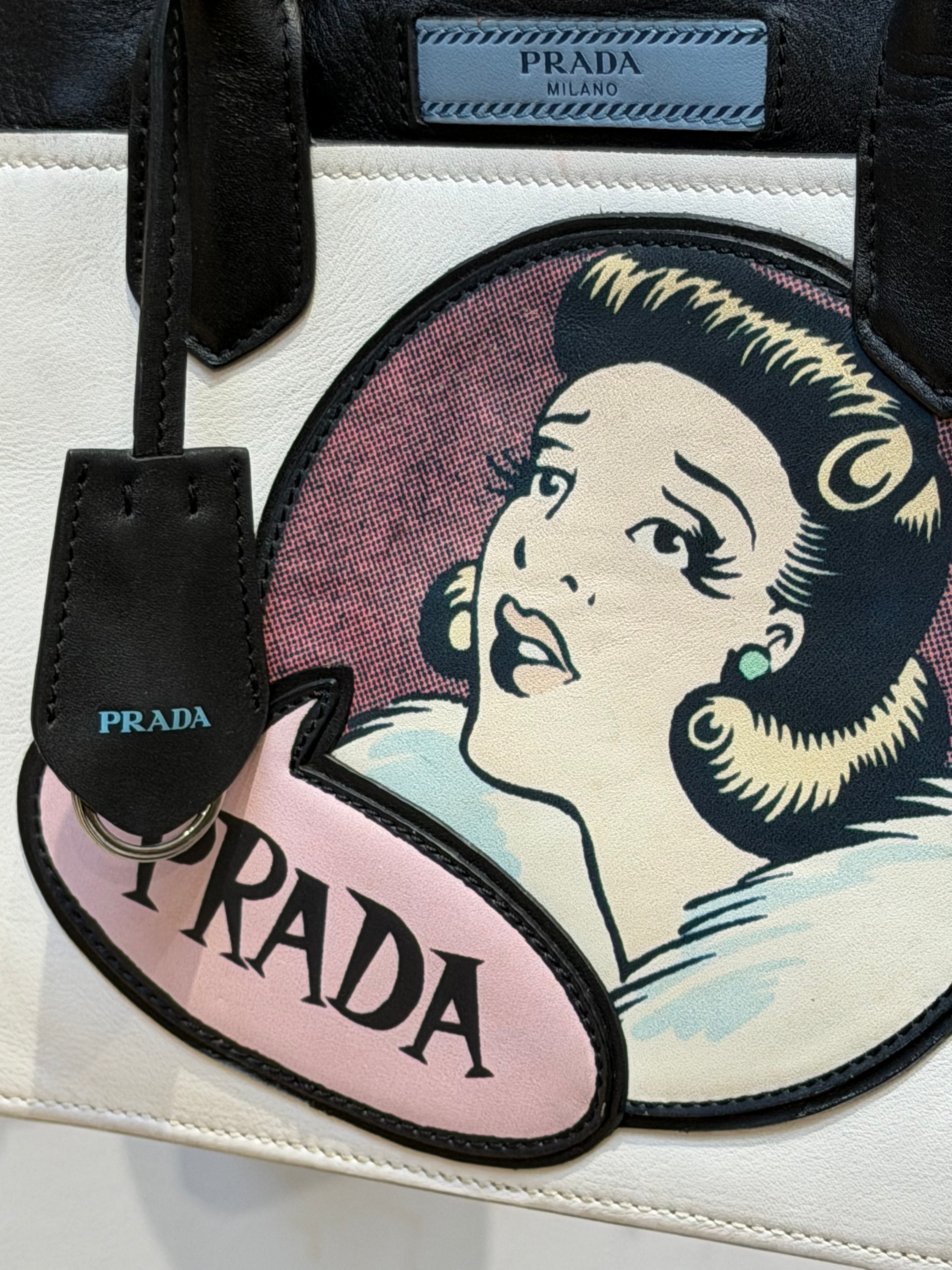 Prada Cream & Black Illustrated Top Handle Tote