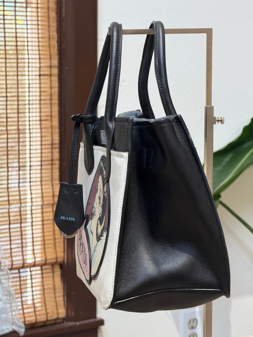 Prada Cream & Black Illustrated Top Handle Tote