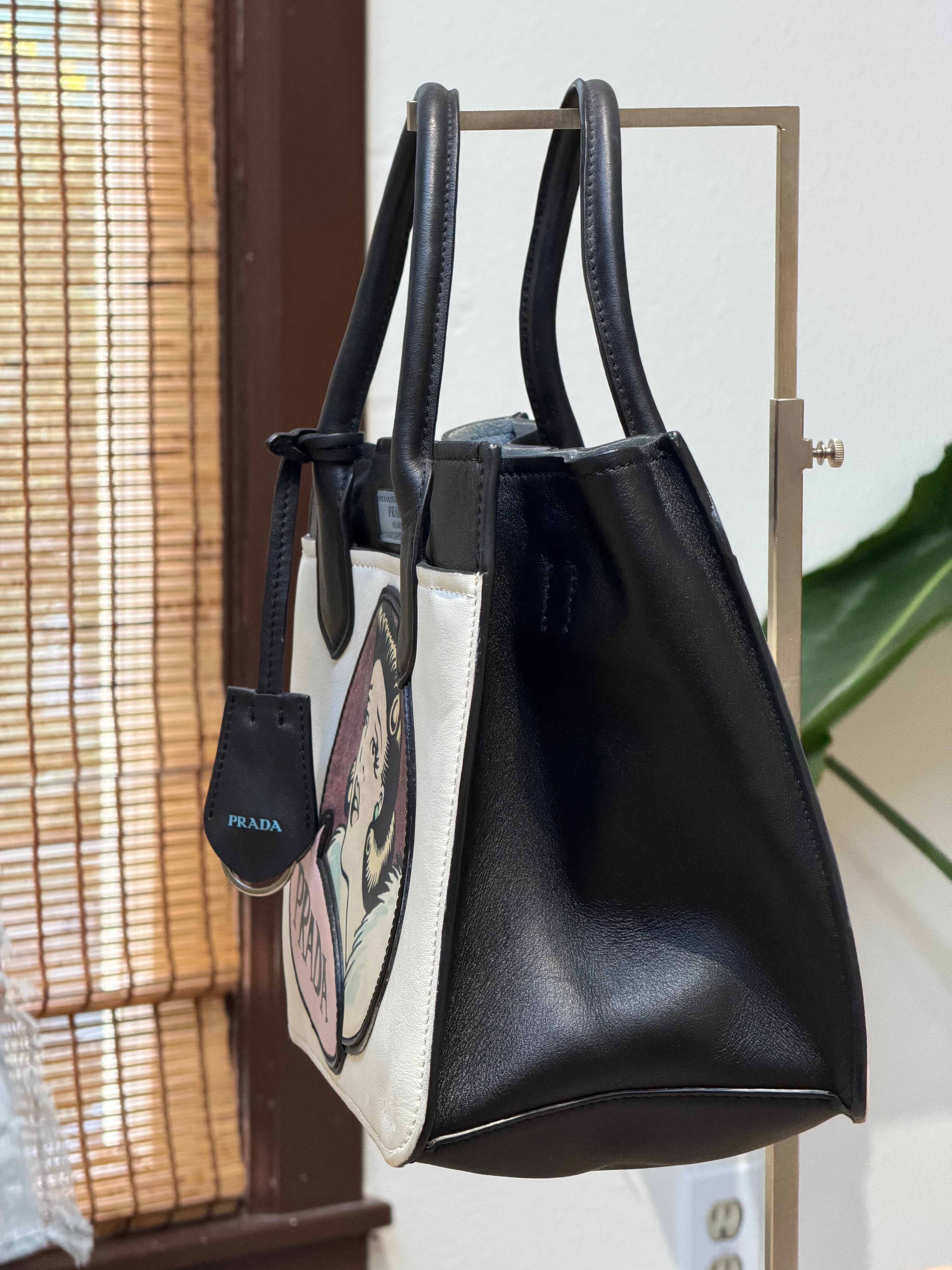 Prada Cream & Black Illustrated Top Handle Tote