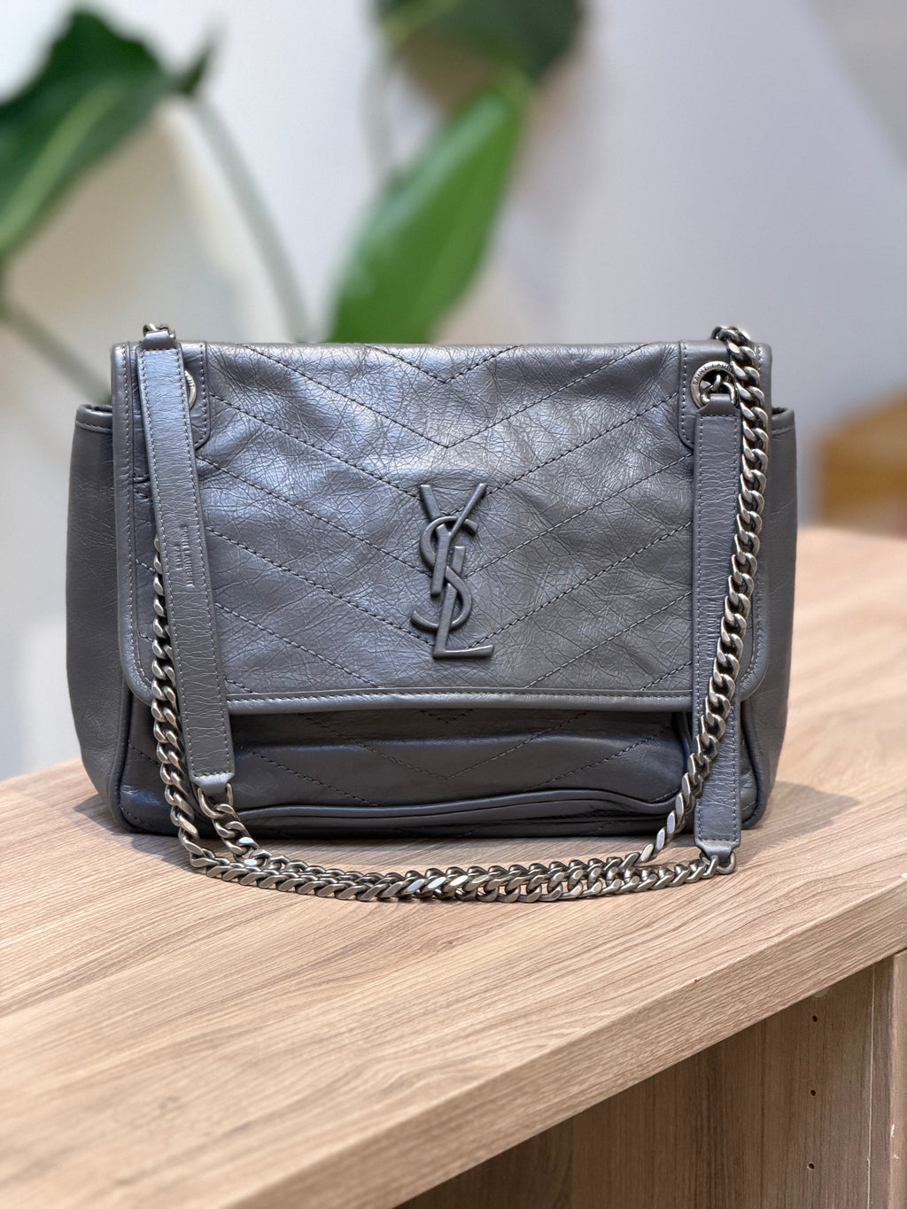 YSL Gray Leather Chain Shoulder Bag