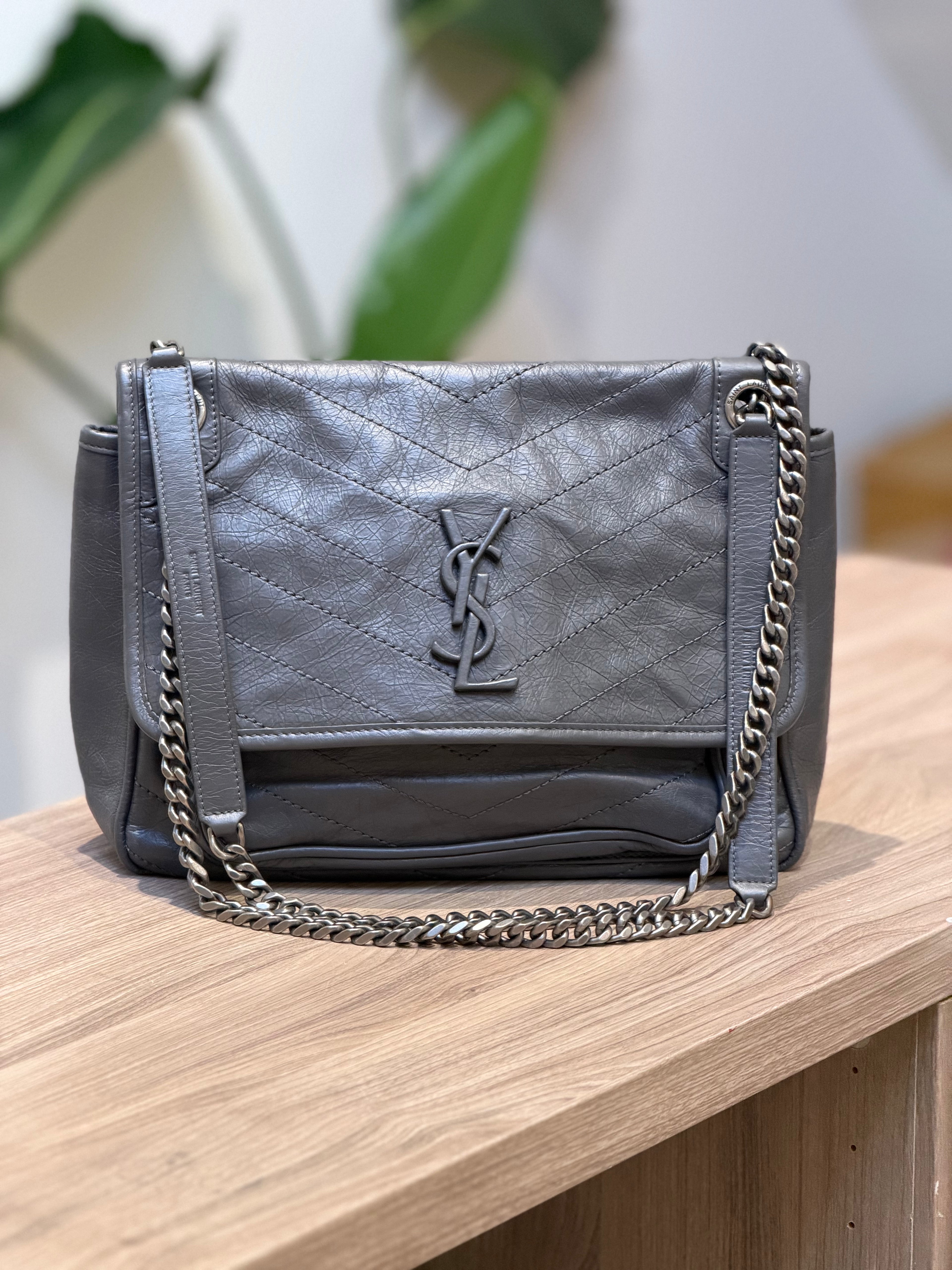 YSL Gray Leather Chain Shoulder Bag