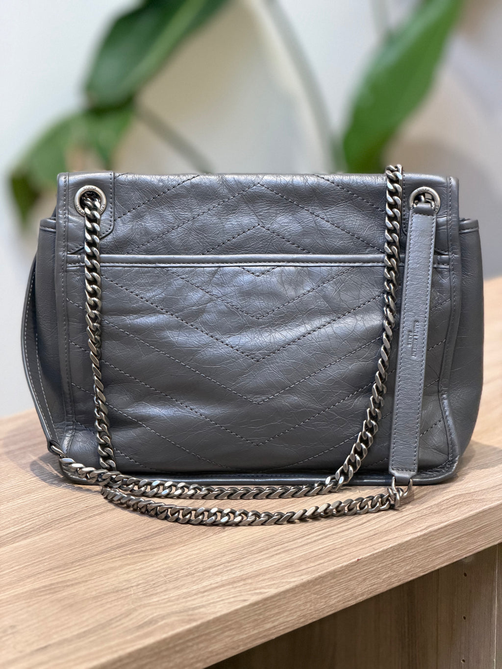 YSL Gray Leather Chain Shoulder Bag
